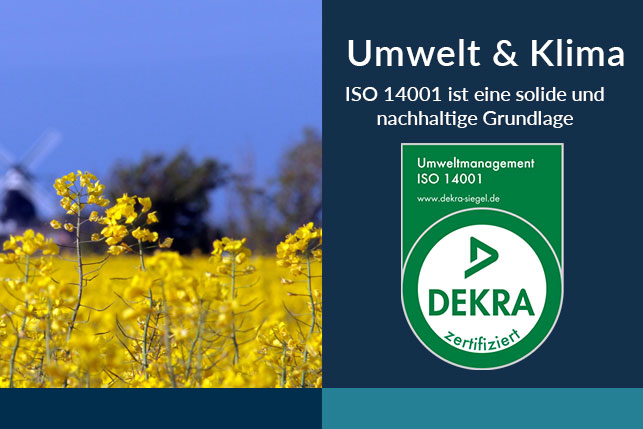 Druckluft-EVERS GmbH – DEKRA-zertifiziertes Umweltmanagement nach ISO 14001. Blühendes Rapsfeld als Symbol für Umweltbewusstsein und Nachhaltigkeit.