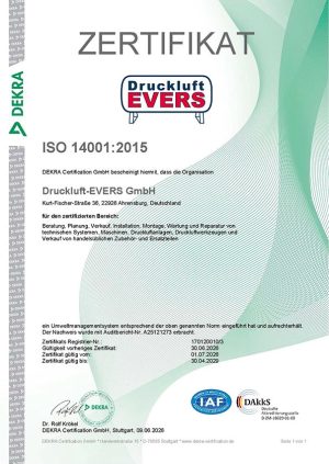 DEKRA-Zertifikat ISO 14001:2015 für das Umweltmanagement der Druckluft-EVERS GmbH in Ahrensburg, gültig bis 30.04.2029.