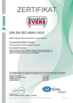 DEKRA-Zertifikat DIN EN ISO 45001:2023 für Arbeits- und Gesundheitsschutz der Druckluft-EVERS GmbH in Ahrensburg, gültig bis 30.06.2029.