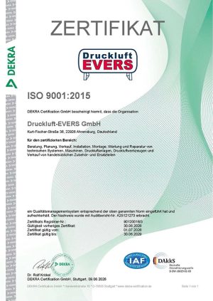 DEKRA-Zertifikat ISO 9001:2015 für das Qualitätsmanagement der Druckluft-EVERS GmbH in Ahrensburg, gültig bis 30.06.2029.